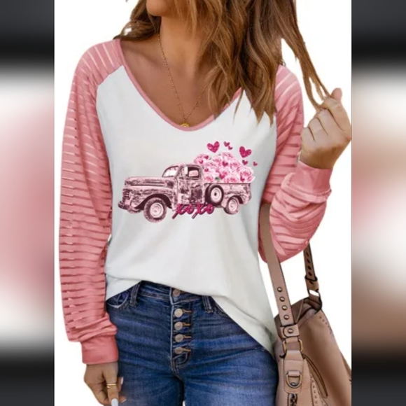 LAST THREE ❤️ Pink Valentines Flower Car Graphic Striped Long Sleeve Top - Picture 4 of 5